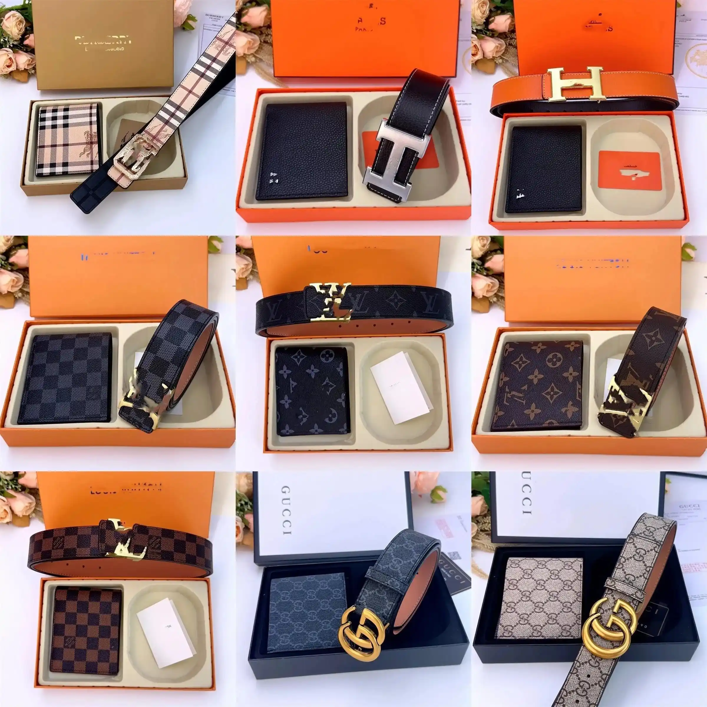 Burberry Check / Hermès H / Louis Vuitton Monogram & Damier / Gucci GG Supreme Belt & Wallet Set [21 styles]